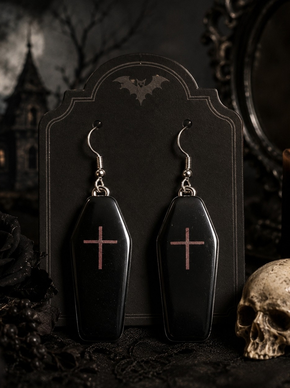 Gothic Coffin Dangle Earrings with Red Cross - Black New
